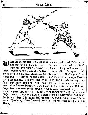 13 [Illus M41v] At the beginning of the fight when you come into the upper guard, let the sword sink before you downwards towards your left side, draw it around your head, step and strike a