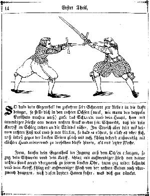 15 [Illus M37r] As soon as your opponent in the beginning of the fight brings his sword into the air to work, then position yourself in the right-hand Ox Guard (this is how one must do the double