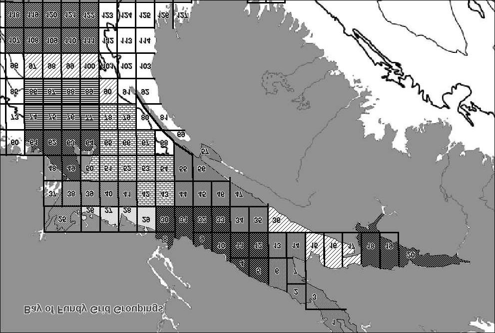 Figure. Twelve groupings of grid squares used for allocating size frequencies to landings data (Top panel).