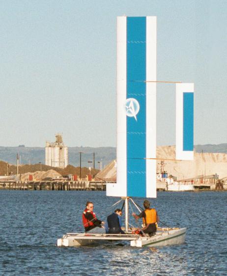 Figure 1. Atlantis with wingsail, January 2001. II. The Atlantis A. System Overview The Atlantis, pictured in figure 1, is an unmanned, autonomous, GPS-guided, wingsailed sailboat.