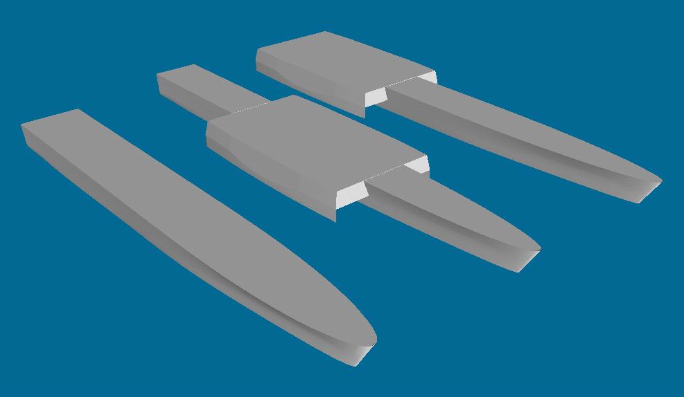 x z y Figure 3-7 Isometric View of 2.5-95-2.5 Trimaran (Mid and Aft SH Position) and Monohull First, the effect of trim angle on the WP and wetted surface area is examined at level heel.