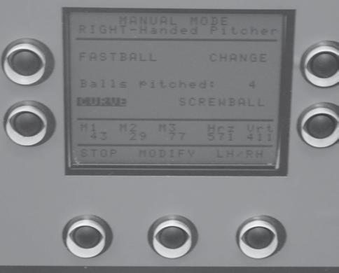 Step 23 Manual Mode cont d Using button next to each pitch select a pitch. Wheels will start running and you can pitch a ball. Yo can select left and right with the LH/RH button.