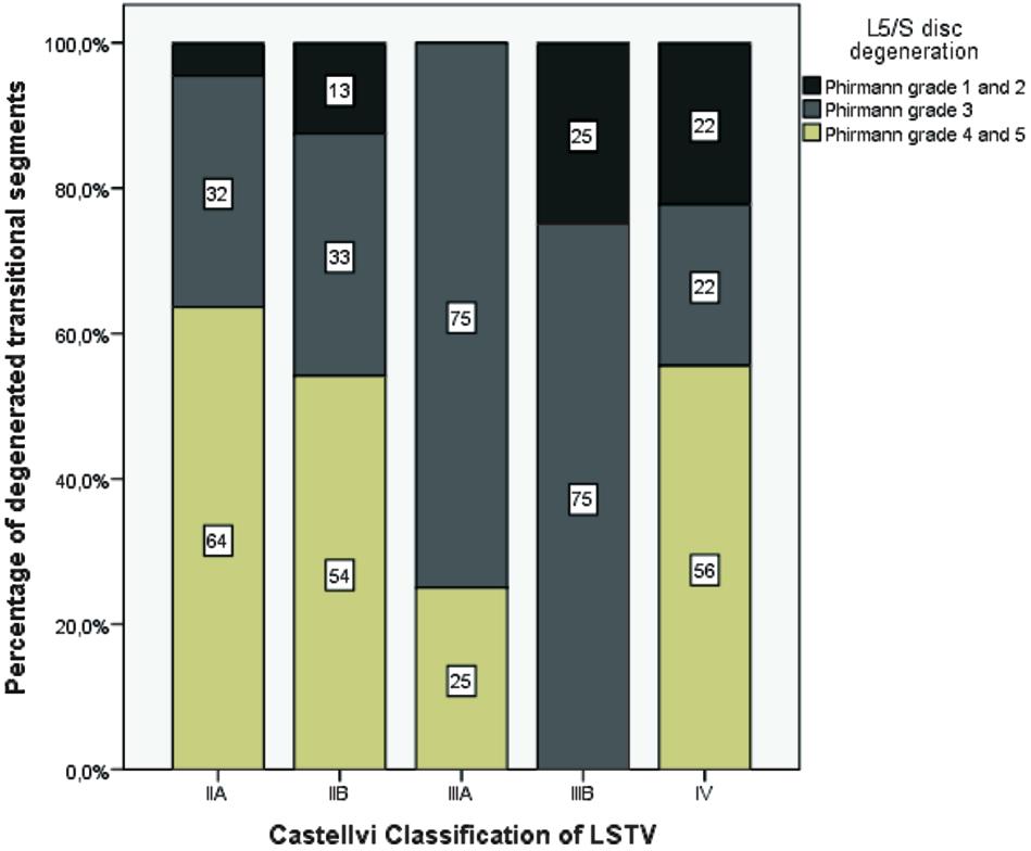 LUMBOSACRAL TRANSITIONAL ANATOMY TYPES AND DISC DEGENERATIVE CHANGES 133 Ca stel lvi type N (%) Men Wo men Type IIA 24 (38,1%) 13 (20,6%) 11 (17,5%) Type IIB 22 (34,9%) 8 (12,7%) 14 (22,2%) Type IIIA