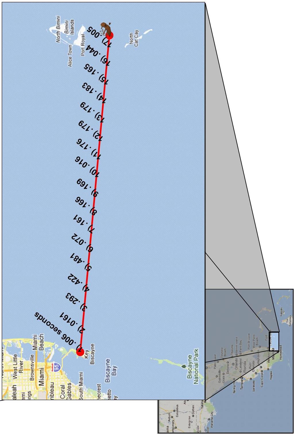 Data Map: The 17 positions on the map shown here give the length of time that a sonar pulse took to travel to the ocean floor and back to the sonar array onboard your