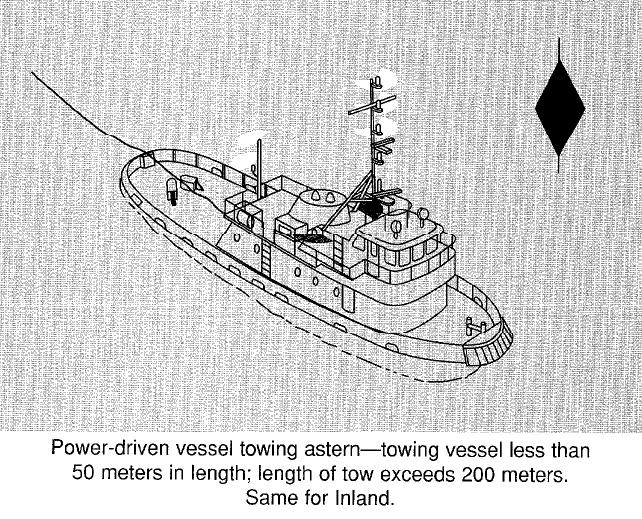 -INTERNATIONAL- Lights and Shapes RULE 24 Towing and Pushing (a) A power-driven vessel when towing shall exhibit: (i) instead of the light prescribed in Rule 23(a)(i) or (a)(ii), two masthead lights