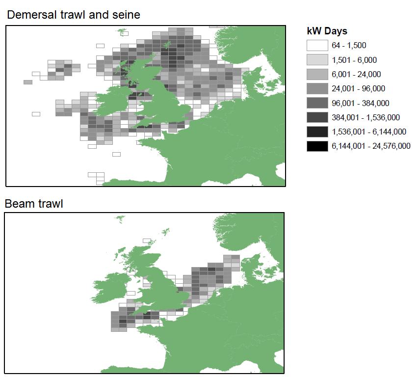 Figure 2.2. Fishing effort (kw days) by UK 10m and over demersal trawl and seine 1, and beam trawl vessels, by ICES rectangle (2013) Source: MMO, 2014.