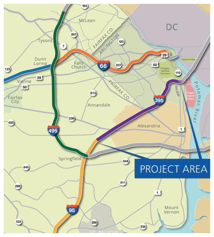 Expand and convert the two existing reversible High Occupancy Vehicle () lanes on I-395 to three managed High Occupancy Toll () or Express Lanes for eight miles along I-395 from north of Edsall Road