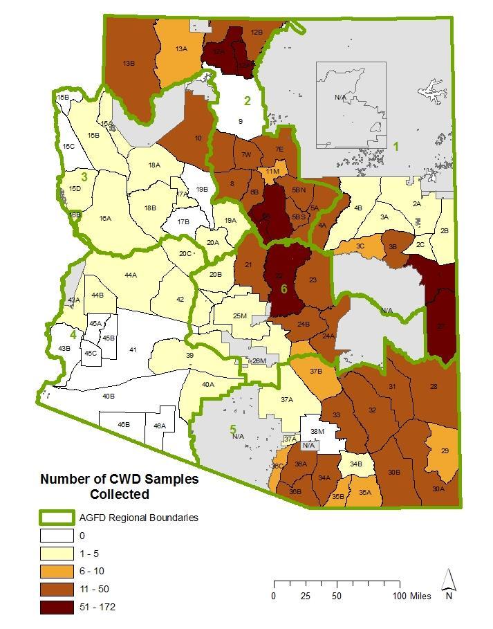 Figure 2. Map showing the number of CWD samples in each GMU during the 2013/2014 sample collection season.