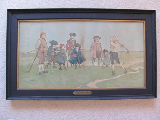 6. JOHN HASSALL Circa 1904 Original Chromolithograph, titled; Putting Out Under Edward VII, The scene depicts a lady golfer in a red jacket putting out as her playing