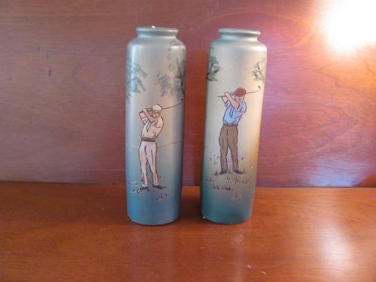 Two handle Dickens Ware, Weller Pottery, 7 Vase, circa 1900, with incised and hand painted golf scene.