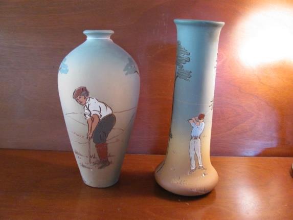 Dickens Ware 9 ½ Vase, Weller Pottery, circa 1900, with incised and hand painted golf scene.