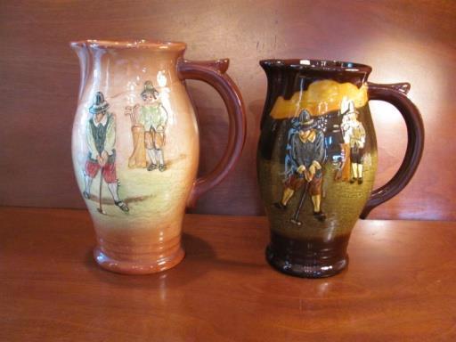 Dickens Ware, Weller Pottery, 11 ½ tall handled pitcher, incised and hand painted golf scene of a golfer in shirt, cap and trousers stroking a putt with his caddie tending the pin, outstanding and