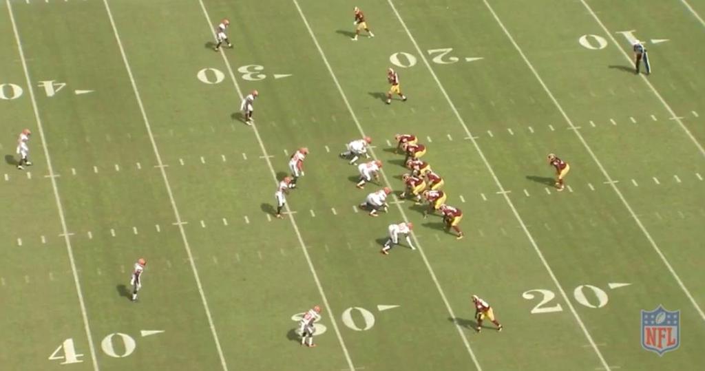 Figure 1. Example screenshot of NFL All-22 game film After capturing the screenshots, there is a series of transformations that needs to occur to standardize the analysis.