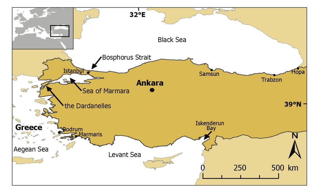 Fig. 1: Turkey and its four surrounding seas: the Black Sea, the Sea of Marmara, the Aegean Sea and the Levantine Sea. Also shown are cities and straits discussed in the paper.