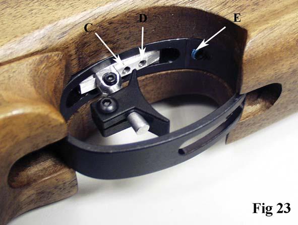Moving the pillar on the trigger bar. Loosening screw A with the 1.5mm Allen key (supplied) will allow the trigger pillar to be moved forwards and backwards along the trigger bar. (Fig 22).