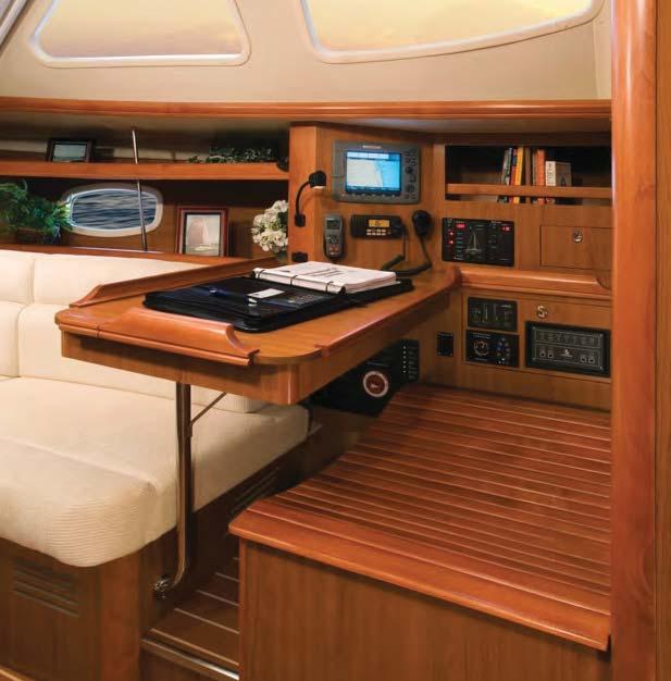 An expanded aft stateroom features a queen size berth, large hanging locker, storage galore and private access to the aft head.