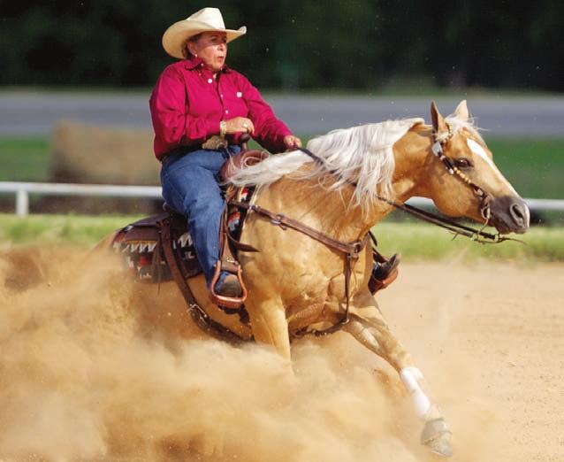 CAM ESSICK Famed horsewoman Carol Rose brings Shiner to a sliding stop on her Texas breeding/training facility.