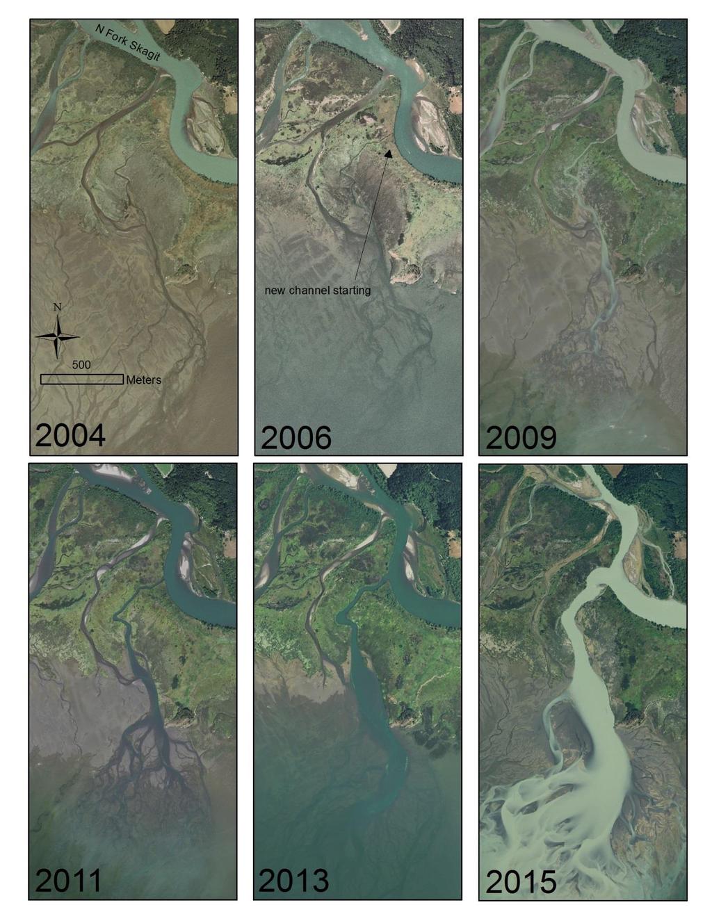 Figure 1. Photos showing progression of the new distributary.