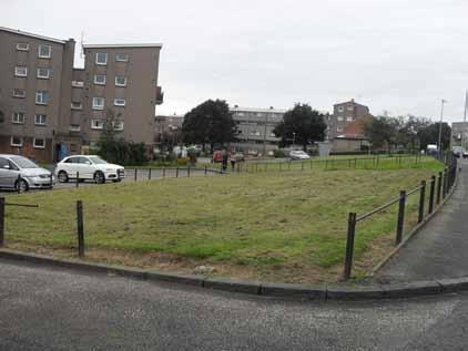 The site We have prepared a design for the preferred Site 1 The site is an area of open grassland within a housing development. It is fenced in part with a metal post and bar railing.