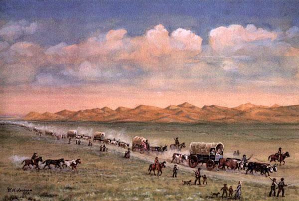 At Independence, Missouri, families stocked their lightweight covered wagons, known as prairie schooners, and hitched them to teams of oxen. Several families then formed a wagon train.