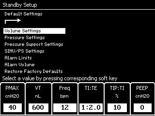 Configuration Default Settings in Standby Setup Select and confirm the»default Settings«label on the Standby Setup screen.