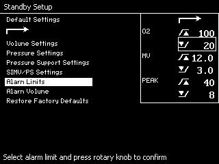 Configuration Alarm Limits Select and confirm the»alarm Limits«label on the Standby Setup screen. The Default Alarm Limits window appears. NOTE Set the alarm limits to appropriate values.