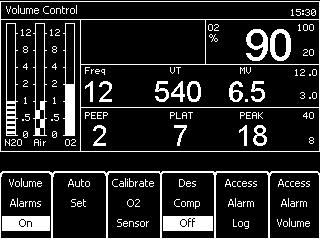 Configuration Configuration during Operation The user can perform O2 calibrations and view and change certain monitoring settings for the current operation while in Volume Control, Pressure Control,