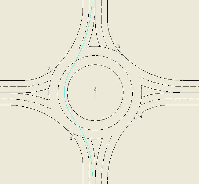 Figure 9 shows an example of a roundabout comprising the desirable minimum central island radius of 16m for a two-lane roundabout where the desired driver speed on the fastest leg prior to the