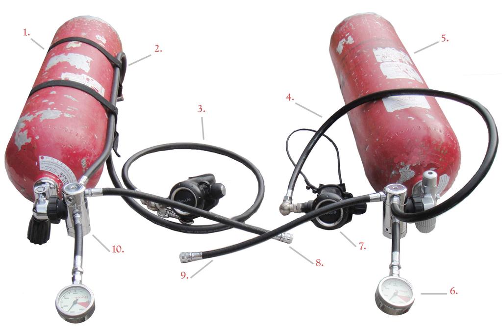 how to "rig" your cylinders 1. Right side cylinder 2. Elastic tank bungee 3. 7 ft. low pressure hose w/bolt snap, connected to primary 2nd stage 4. 36 in.