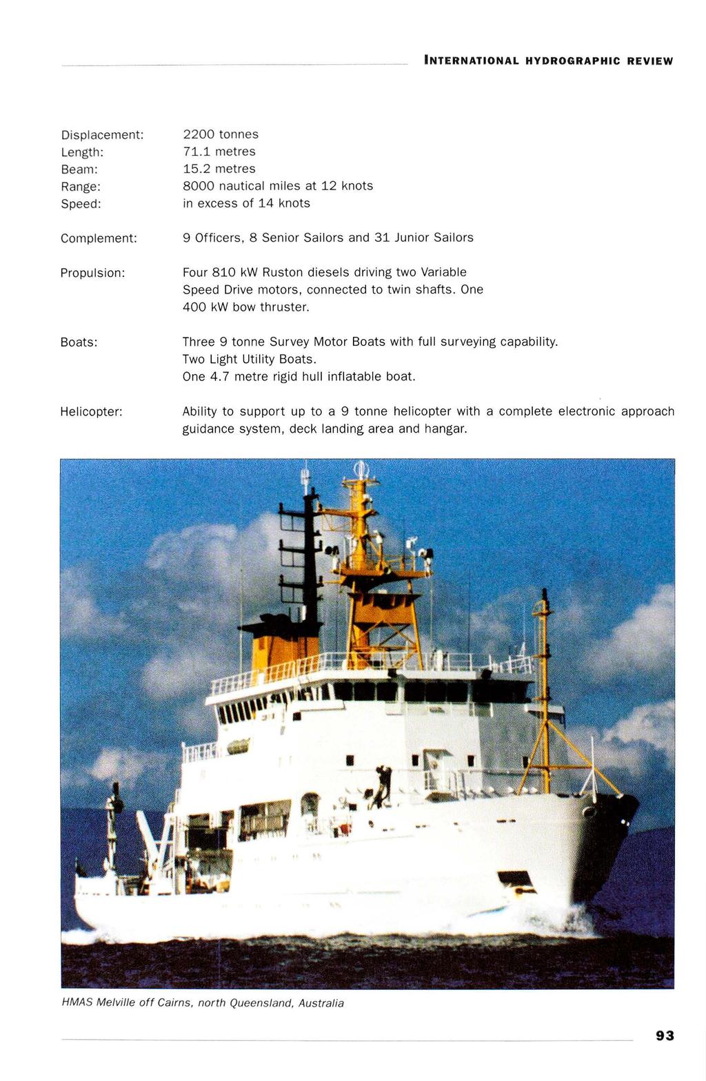 Displacement: Length: Beam: Range: Speed: Complement: Propulsion: Boats: Helicopter: 2200 tonnes 71.1 metres 15.