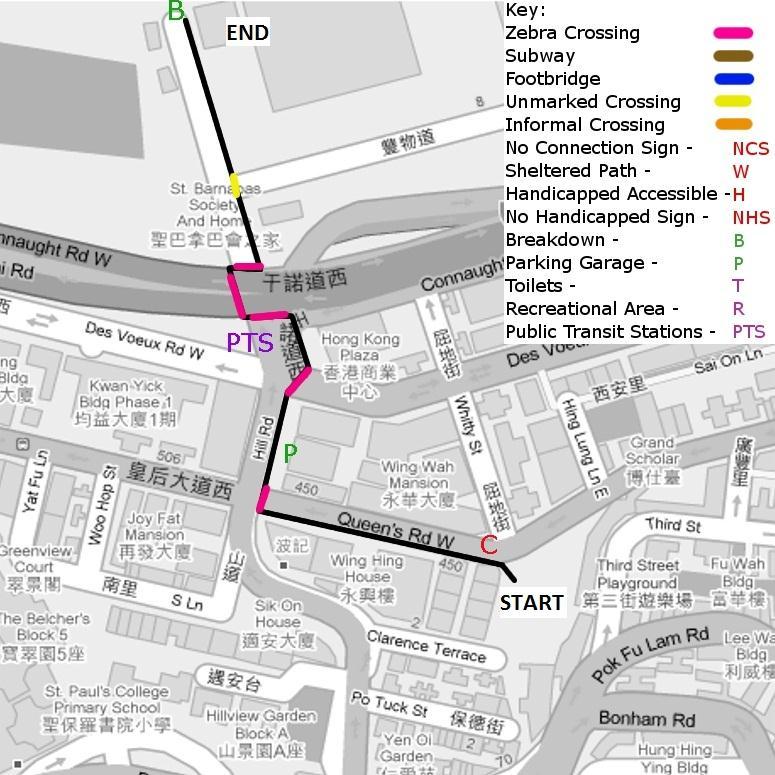 4.4.4. ai Ying Pun On February 8, 2011, three members of the WPI research team walked four routes in Sai Ying Pun to assess the walkability of these routes from hinterland to harbor front.