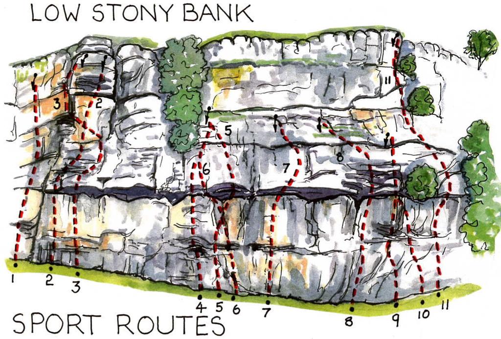 The Main Wall To the right of the dry-stone wall an open corner the start of the old route KD Sport routes are indicated and numbered on the diagram.