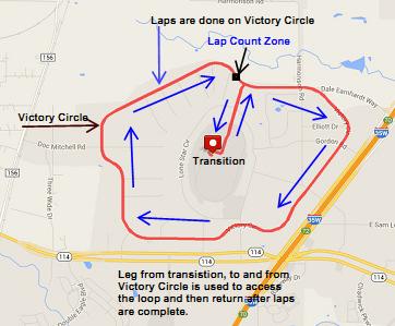 Bike Course: 16 Miles: Start and Finish area for the Bike is at the South section of Garages on the Infield. Exit the infield through the North Tunnel and proceed out to Victory Circle.