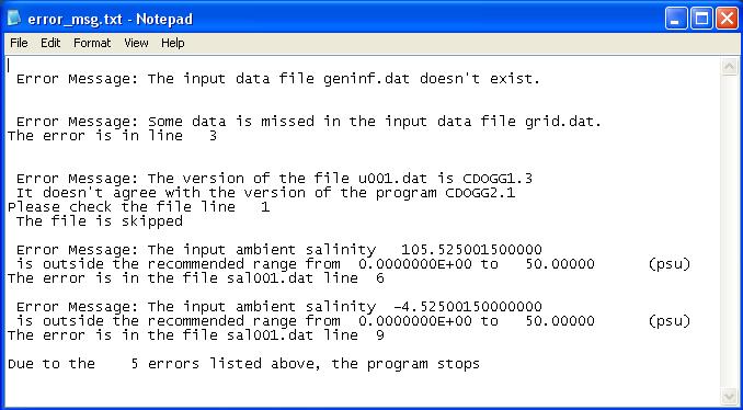 Figure 2. A screen capture of the output file error_msg.txt 3.5 Maintain Backwards Compatibility There is a need to maintain version compatibility between the data and the model.