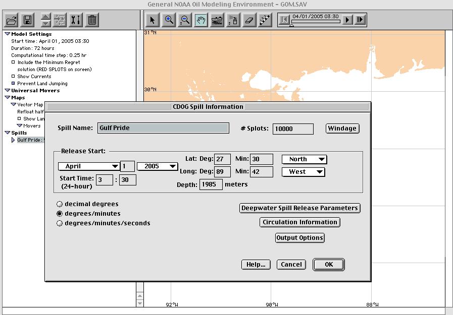 The CDOG Spill Information Dialog takes the initial spill location information shows buttons for adding different types of CDOG specific information.