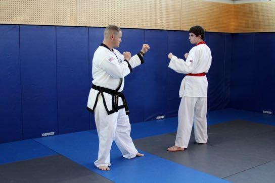 The student is not required to imagine his opponent as he does in the Hyungs - his opponent is punching him. If the student does not move, minor first-aid may need to be administered.
