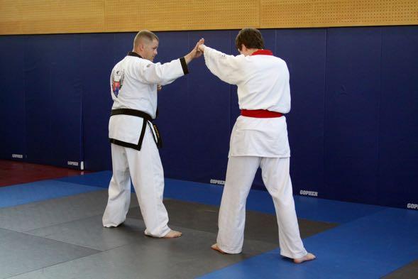 Senior feeds a front-side open hand target with palm facing partner. Junior executes a front-side Sang Dan Kong Kyuck (Jab).