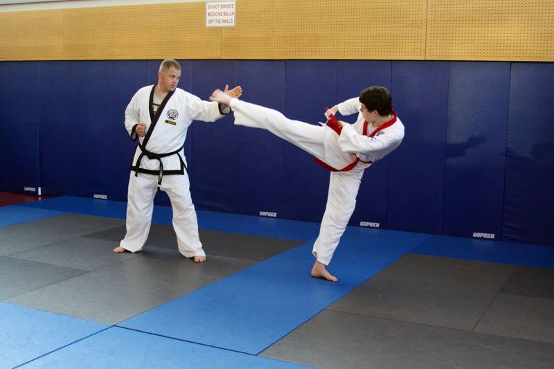BLUE BELT (TESTING FOR CHO DAN) Senior steps backward moving the front leg to the rear feeding front-side open hand target with finger tips orientated at partner receiving Dwi Ahneso Phaku Ro Cha Ki