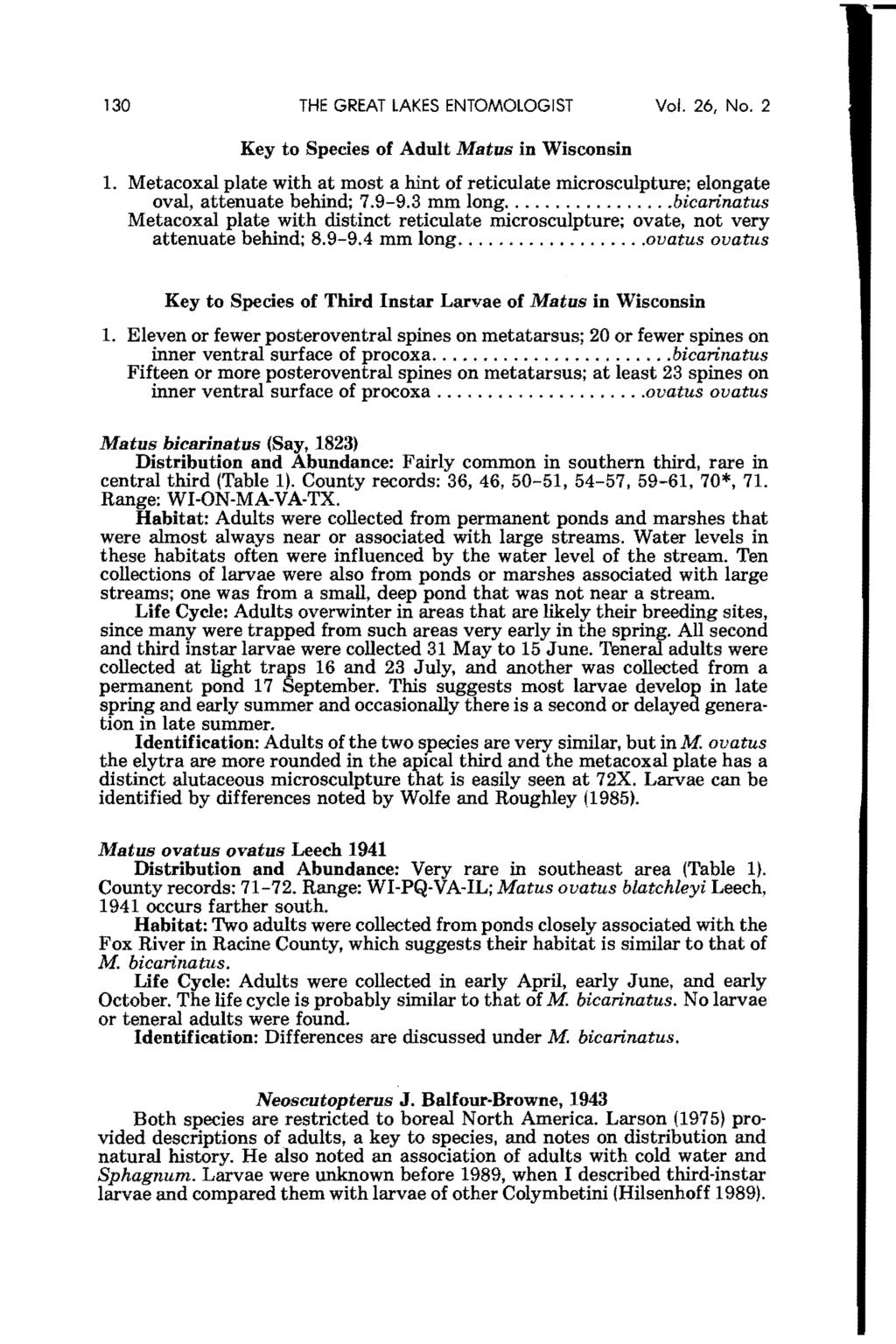 The Great Lakes Entomologist, Vol. 26, No. 2 [1993], Art. 5 130 THE GREAT LAKES ENTOMOLOGIST Vol. 26, No.2 Key to Species of Adult Matus in Wisconsin 1.