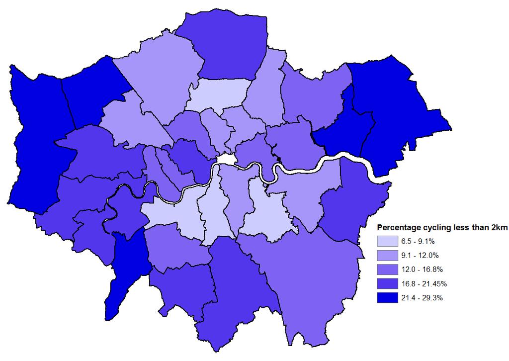 The map in Figure 13 shows the percentage of all cyclists that travelled <2km to work by borough in 2011.