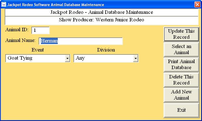 Animal Database This is where you keep definitions of rough stock animals, indicating which Events (and optionally, Divisions) they are used for.
