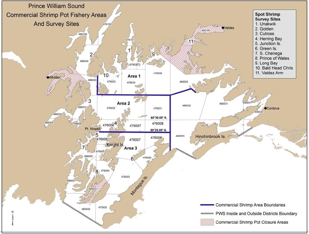 Figure 21 Prince William Sound management areas and index survey sites for spot shrimp.