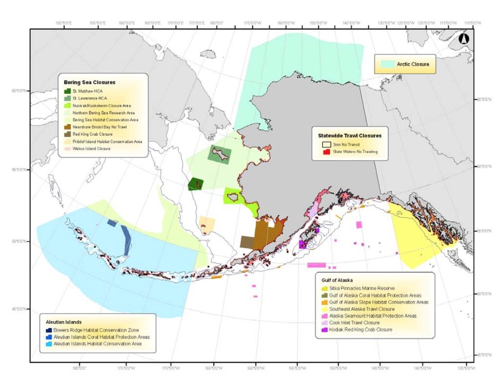 Figure 47 Year-round groundfish closures in the U.S. Exclusive Economic Zone (EEZ) off Alaska (Bolt & Zador 2009). ALASKA / NORTHEAST PACIFIC, POTS, UNITED STATES OF AMERICA +0.