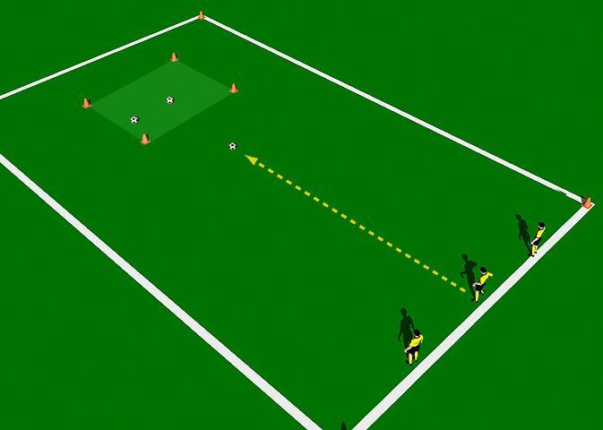 A line of cones is placed across the middle of the grid, forming a box. A group of players with a ball each is positioned on one end of the grid. In turn, players try to pass their ball into the box.