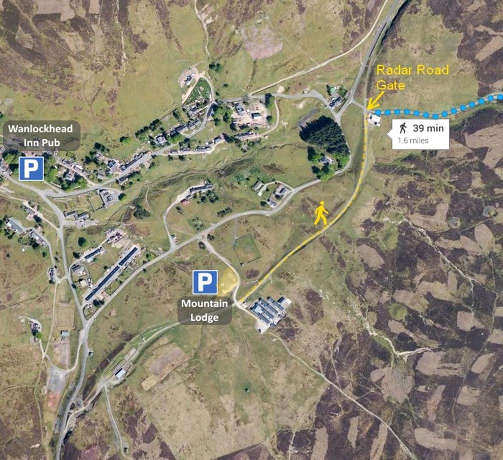 If you are walking to Lowther Hill, the area below the Mountain Lodge is the closest parking area to the Radar Road. From the Mountain Lodge, you can access the Radar Road by the disused railway line.