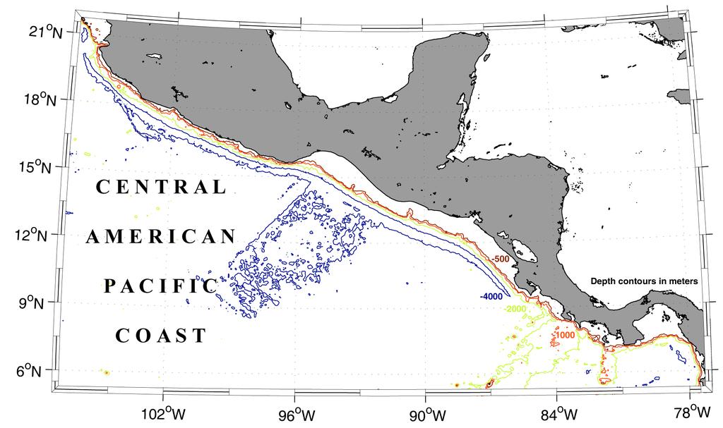 Overview The Pacific coast of Central America extends approximately 3700 km from central Mexico (20 o N, 106 o W) to the edge of South America (7 o N, 78 o W).