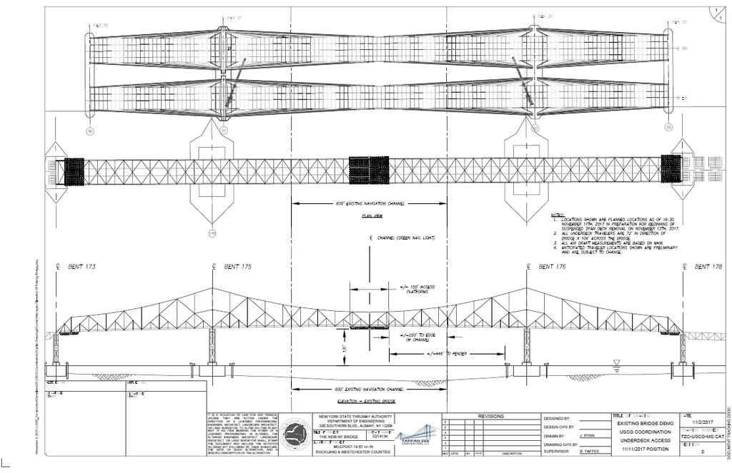 When the access travelers are in position under the span over the navigable channel, the suspended platforms will limit the vertical clearance under the old Tappan Zee Bridge to 128-ft at MHW.