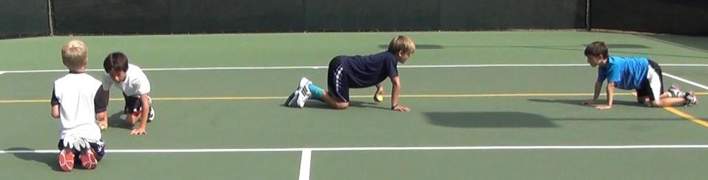 Development All Fours Catch Objective: to develop upper body and core strength Execution: 1. Players in pairs, facing each other about 3 ft. apart. One player has a tennis ball. 2.