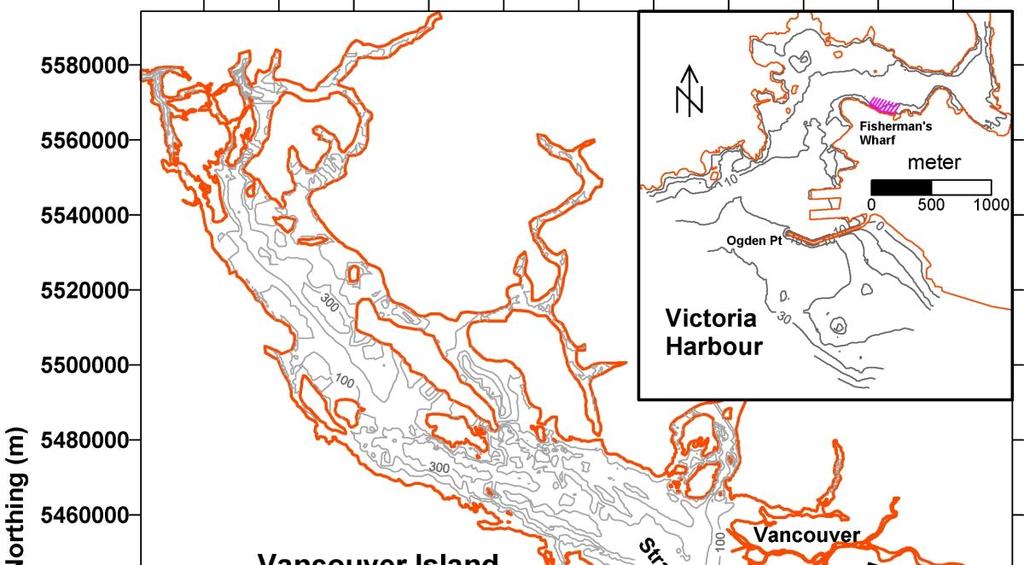 Figure 2: The tudy area of Victoria Harbour (inet), eatern Juan de Fuca Strait and the outhern water around Vancouver Iland BC, Canada.