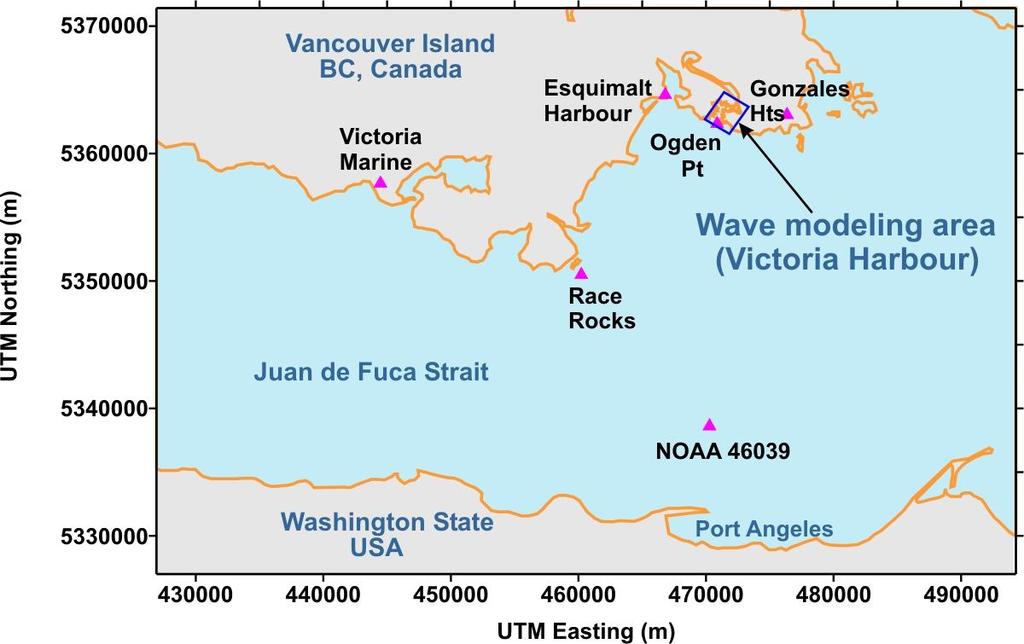 Figure 3: The location of ome of the weather and wave tation in eatern Juan de Fuca Strait. Location of the wind and wave tation in Victoria Harbour are hown in Figure 6.